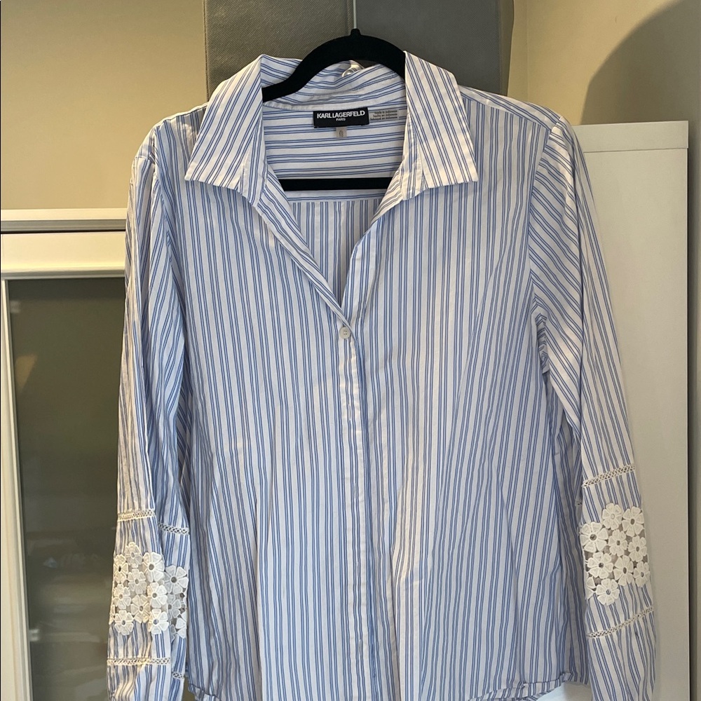 Karl Largerfeld Blue and White Striped Button Down Shirt